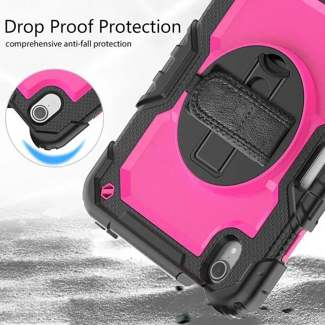 Alt view image 4 of 7 - Heavy Duty Shockproof Case with Screen Protector, 360° Rotatable Stand & Hand/Shoulder Strap for iPad Mini7(A17 Pro 2024)/Mini6 8.3", (RosePC)