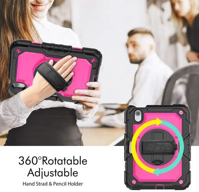Alt view image 7 of 7 - Heavy Duty Shockproof Case with Screen Protector, 360° Rotatable Stand & Hand/Shoulder Strap for iPad Mini7(A17 Pro 2024)/Mini6 8.3", (RosePC)