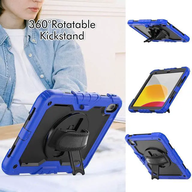 Alt view image 4 of 7 - Heavy Duty Shockproof Protective Case with Screen Protector, 360° Rotatable Kickstand & Hand/Shoulder Strap for iPad 11th Gen (A16,11 Inch,2025) / iPad 10th Gen (10.9 Inch,2022), Blue