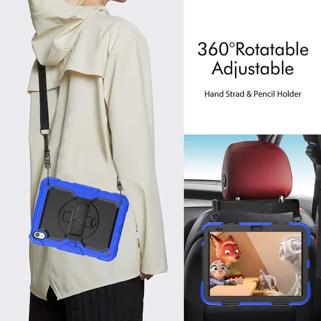 Alt view image 6 of 7 - Heavy Duty Shockproof Protective Case with Screen Protector, 360° Rotatable Kickstand & Hand/Shoulder Strap for iPad 11th Gen (A16,11 Inch,2025) / iPad 10th Gen (10.9 Inch,2022), Blue
