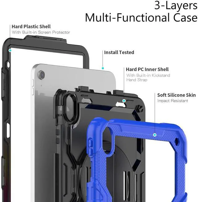 Alt view image 7 of 7 - Heavy Duty Shockproof Protective Case with Screen Protector, 360° Rotatable Kickstand & Hand/Shoulder Strap for iPad 11th Gen (A16,11 Inch,2025) / iPad 10th Gen (10.9 Inch,2022), Blue