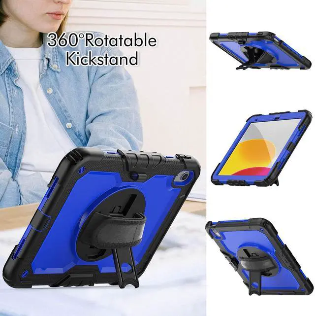 Alt view image 4 of 7 - Heavy Duty Shockproof Protective Case with Screen Protector, 360° Rotatable Kickstand & Hand/Shoulder Strap for iPad 11th Gen (A16,11 Inch,2025) / iPad 10th Gen (10.9 Inch,2022), BluePC