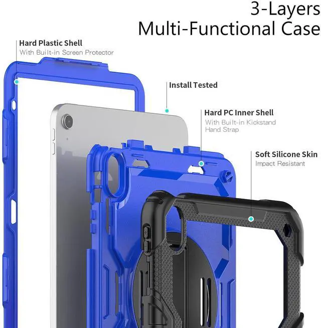 Alt view image 7 of 7 - Heavy Duty Shockproof Protective Case with Screen Protector, 360° Rotatable Kickstand & Hand/Shoulder Strap for iPad 11th Gen (A16,11 Inch,2025) / iPad 10th Gen (10.9 Inch,2022), BluePC