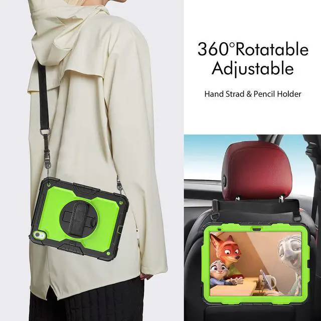 Alt view image 6 of 7 - Heavy Duty Shockproof Protective Case with Screen Protector, 360° Rotatable Kickstand & Hand/Shoulder Strap for iPad 11th Gen (A16,11 Inch,2025) / iPad 10th Gen (10.9 Inch,2022), GreenPC