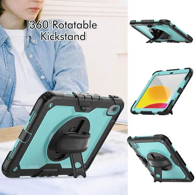 Alt view image 4 of 6 - Heavy Duty Shockproof Protective Case with Screen Protector, 360° Rotatable Kickstand & Hand/Shoulder Strap for iPad 11th Gen (A16,11 Inch,2025) / iPad 10th Gen (10.9 Inch,2022), Light bluePC