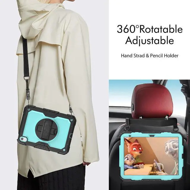 Alt view image 6 of 6 - Heavy Duty Shockproof Protective Case with Screen Protector, 360° Rotatable Kickstand & Hand/Shoulder Strap for iPad 11th Gen (A16,11 Inch,2025) / iPad 10th Gen (10.9 Inch,2022), Light bluePC