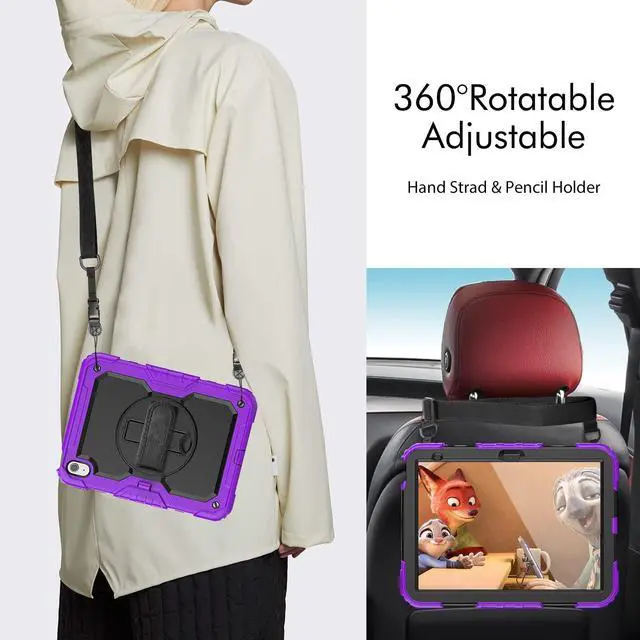 Alt view image 6 of 7 - Heavy Duty Shockproof Protective Case with Screen Protector, 360° Rotatable Kickstand & Hand/Shoulder Strap for iPad 11th Gen (A16,11 Inch,2025) / iPad 10th Gen (10.9 Inch,2022), Purple