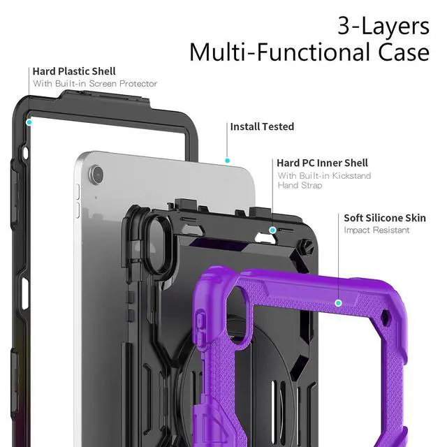 Alt view image 7 of 7 - Heavy Duty Shockproof Protective Case with Screen Protector, 360° Rotatable Kickstand & Hand/Shoulder Strap for iPad 11th Gen (A16,11 Inch,2025) / iPad 10th Gen (10.9 Inch,2022), Purple