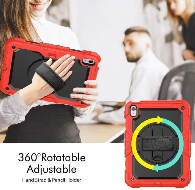 Alt view image 3 of 7 - Heavy Duty Shockproof Protective Case with Screen Protector, 360° Rotatable Kickstand & Hand/Shoulder Strap for iPad 11th Gen (A16,11 Inch,2025) / iPad 10th Gen (10.9 Inch,2022), Red