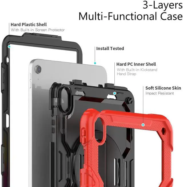 Alt view image 7 of 7 - Heavy Duty Shockproof Protective Case with Screen Protector, 360° Rotatable Kickstand & Hand/Shoulder Strap for iPad 11th Gen (A16,11 Inch,2025) / iPad 10th Gen (10.9 Inch,2022), Red