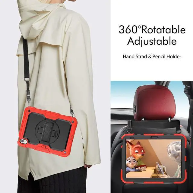 Alt view image 6 of 7 - Heavy Duty Shockproof Protective Case with Screen Protector, 360° Rotatable Kickstand & Hand/Shoulder Strap for iPad 11th Gen (A16,11 Inch,2025) / iPad 10th Gen (10.9 Inch,2022), Red