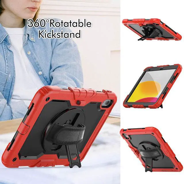 Alt view image 4 of 7 - Heavy Duty Shockproof Protective Case with Screen Protector, 360° Rotatable Kickstand & Hand/Shoulder Strap for iPad 11th Gen (A16,11 Inch,2025) / iPad 10th Gen (10.9 Inch,2022), Red