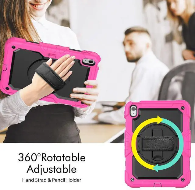 Alt view image 3 of 7 - Heavy Duty Shockproof Protective Case with Screen Protector, 360° Rotatable Kickstand & Hand/Shoulder Strap for iPad 11th Gen (A16,11 Inch,2025) / iPad 10th Gen (10.9 Inch,2022), Rose
