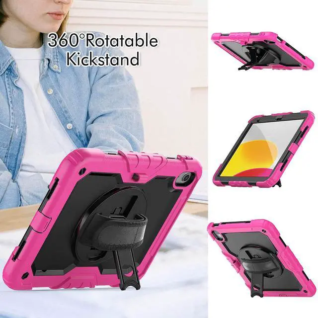 Alt view image 4 of 7 - Heavy Duty Shockproof Protective Case with Screen Protector, 360° Rotatable Kickstand & Hand/Shoulder Strap for iPad 11th Gen (A16,11 Inch,2025) / iPad 10th Gen (10.9 Inch,2022), Rose