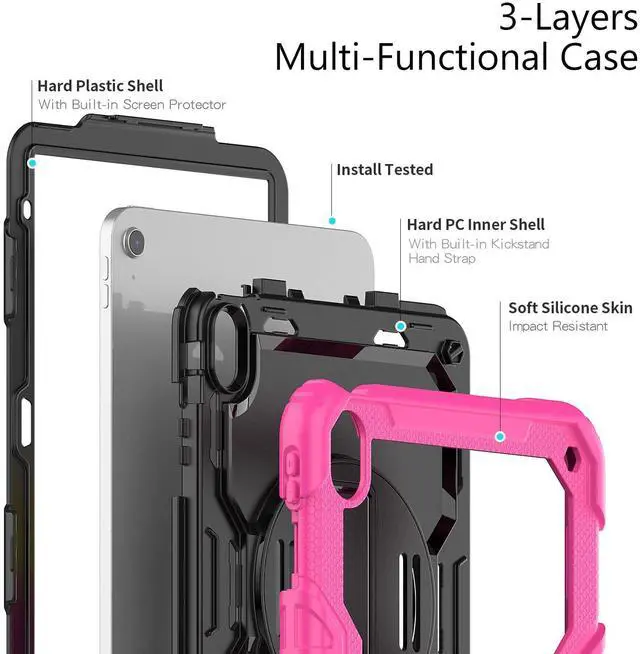 Alt view image 7 of 7 - Heavy Duty Shockproof Protective Case with Screen Protector, 360° Rotatable Kickstand & Hand/Shoulder Strap for iPad 11th Gen (A16,11 Inch,2025) / iPad 10th Gen (10.9 Inch,2022), Rose