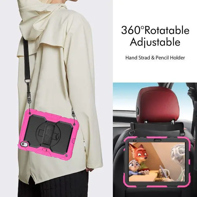 Alt view image 6 of 7 - Heavy Duty Shockproof Protective Case with Screen Protector, 360° Rotatable Kickstand & Hand/Shoulder Strap for iPad 11th Gen (A16,11 Inch,2025) / iPad 10th Gen (10.9 Inch,2022), Rose