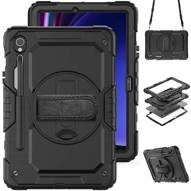 Main image of Heavy Duty Shockproof Protective Case with Screen Protector, 360° Rotatable Kickstand & Hand/Shoulder Strap for Samsung Galaxy Tab S10 Lite / S10 FE / S9 FE 10.9 Inch / Tab S9 11 Inch, Black