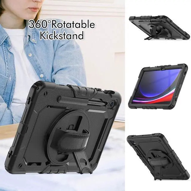 Alt view image 4 of 7 - Heavy Duty Shockproof Protective Case with Screen Protector, 360° Rotatable Kickstand & Hand/Shoulder Strap for Samsung Galaxy Tab S10 Lite / S10 FE / S9 FE 10.9 Inch / Tab S9 11 Inch, Black