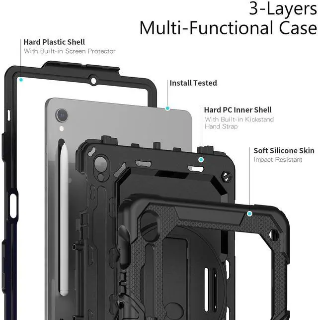 Alt view image 7 of 7 - Heavy Duty Shockproof Protective Case with Screen Protector, 360° Rotatable Kickstand & Hand/Shoulder Strap for Samsung Galaxy Tab S10 Lite / S10 FE / S9 FE 10.9 Inch / Tab S9 11 Inch, Black