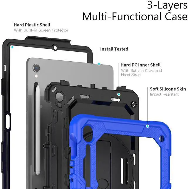 Alt view image 7 of 7 - Heavy Duty Shockproof Protective Case with Screen Protector, 360° Rotatable Kickstand & Hand/Shoulder Strap for Samsung Galaxy Tab S10 Lite / S10 FE / S9 FE 10.9 Inch / Tab S9 11 Inch,Blue