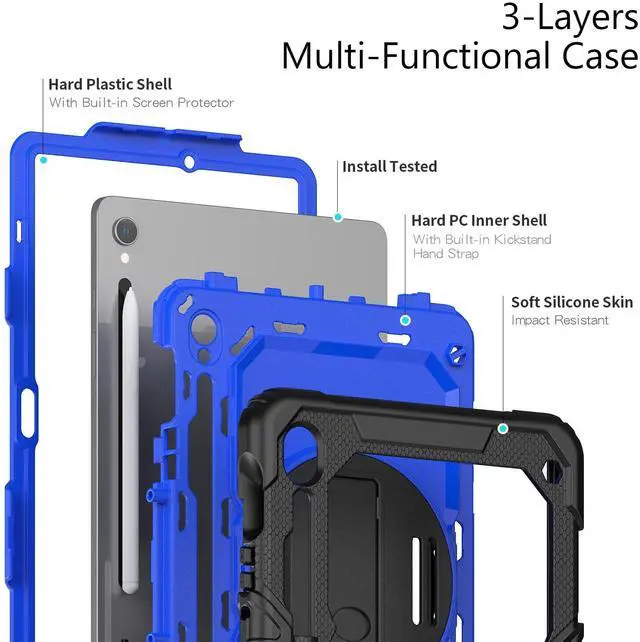 Alt view image 7 of 7 - Heavy Duty Shockproof Protective Case with Screen Protector, 360° Rotatable Kickstand & Hand/Shoulder Strap for Samsung Galaxy Tab S10 Lite / S10 FE / S9 FE 10.9 Inch / Tab S9 11 Inch,BluePC
