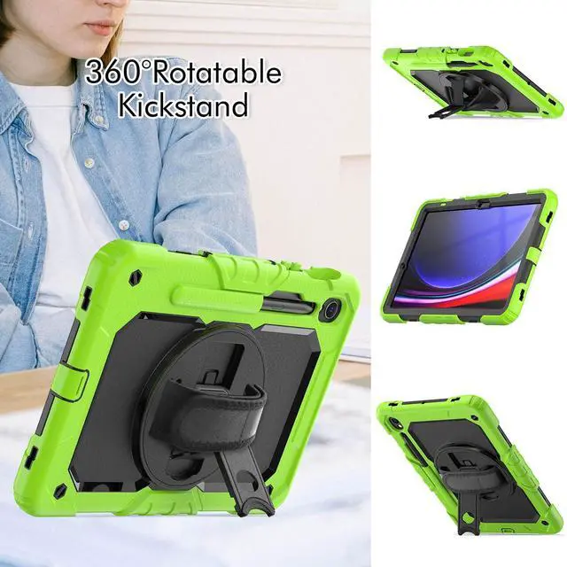Alt view image 4 of 7 - Heavy Duty Shockproof Protective Case with Screen Protector, 360° Rotatable Kickstand & Hand/Shoulder Strap for Samsung Galaxy Tab S10 Lite / S10 FE / S9 FE 10.9 Inch / Tab S9 11 Inch,Green