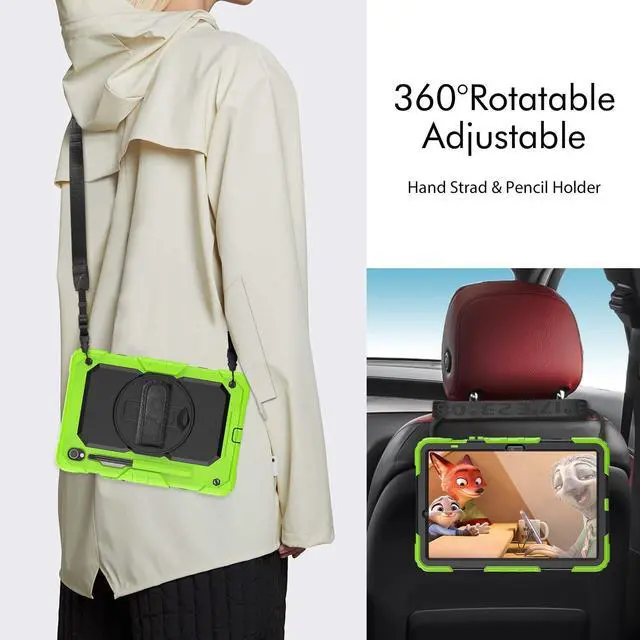 Alt view image 6 of 7 - Heavy Duty Shockproof Protective Case with Screen Protector, 360° Rotatable Kickstand & Hand/Shoulder Strap for Samsung Galaxy Tab S10 Lite / S10 FE / S9 FE 10.9 Inch / Tab S9 11 Inch,Green