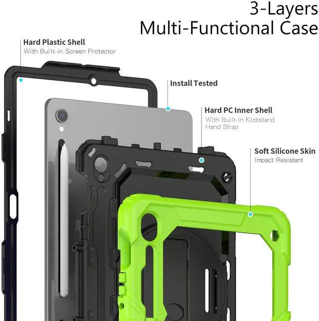 Alt view image 7 of 7 - Heavy Duty Shockproof Protective Case with Screen Protector, 360° Rotatable Kickstand & Hand/Shoulder Strap for Samsung Galaxy Tab S10 Lite / S10 FE / S9 FE 10.9 Inch / Tab S9 11 Inch,Green