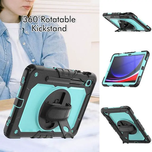Alt view image 4 of 7 - Heavy Duty Shockproof Protective Case with Screen Protector, 360° Rotatable Kickstand & Hand/Shoulder Strap for Samsung Galaxy Tab S10 Lite / S10 FE / S9 FE 10.9 Inch / Tab S9 11 Inch,Light bluePC