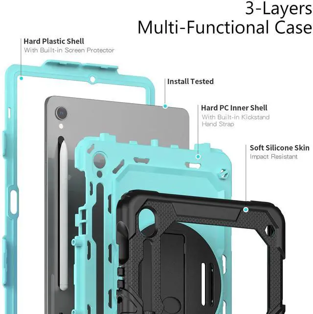 Alt view image 7 of 7 - Heavy Duty Shockproof Protective Case with Screen Protector, 360° Rotatable Kickstand & Hand/Shoulder Strap for Samsung Galaxy Tab S10 Lite / S10 FE / S9 FE 10.9 Inch / Tab S9 11 Inch,Light bluePC
