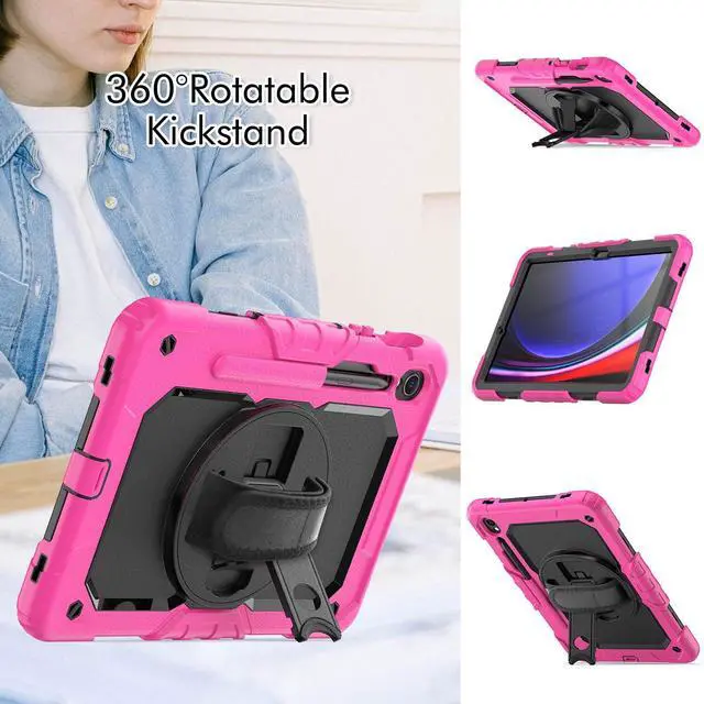 Alt view image 4 of 7 - Heavy Duty Shockproof Protective Case with Screen Protector, 360° Rotatable Kickstand & Hand/Shoulder Strap for Samsung Galaxy Tab S10 Lite / S10 FE / S9 FE 10.9 Inch / Tab S9 11 Inch,Rose