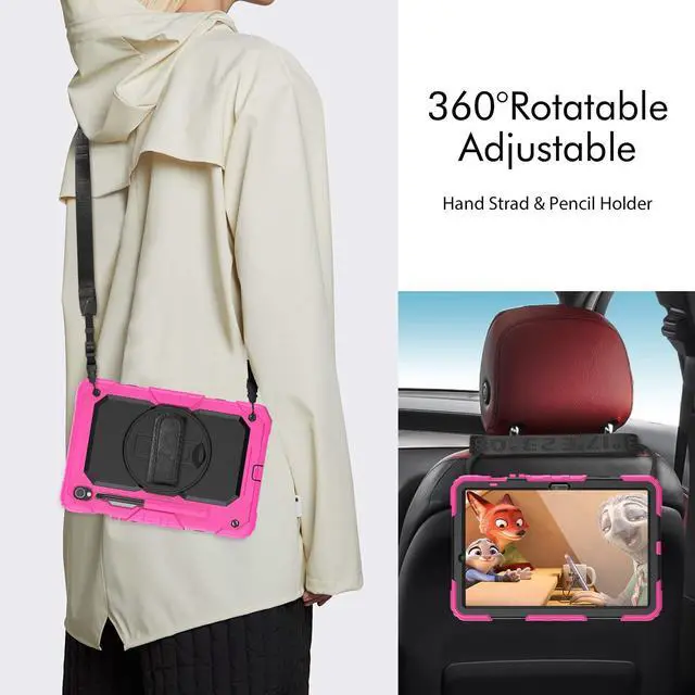 Alt view image 6 of 7 - Heavy Duty Shockproof Protective Case with Screen Protector, 360° Rotatable Kickstand & Hand/Shoulder Strap for Samsung Galaxy Tab S10 Lite / S10 FE / S9 FE 10.9 Inch / Tab S9 11 Inch,Rose