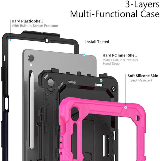 Alt view image 7 of 7 - Heavy Duty Shockproof Protective Case with Screen Protector, 360° Rotatable Kickstand & Hand/Shoulder Strap for Samsung Galaxy Tab S10 Lite / S10 FE / S9 FE 10.9 Inch / Tab S9 11 Inch,Rose