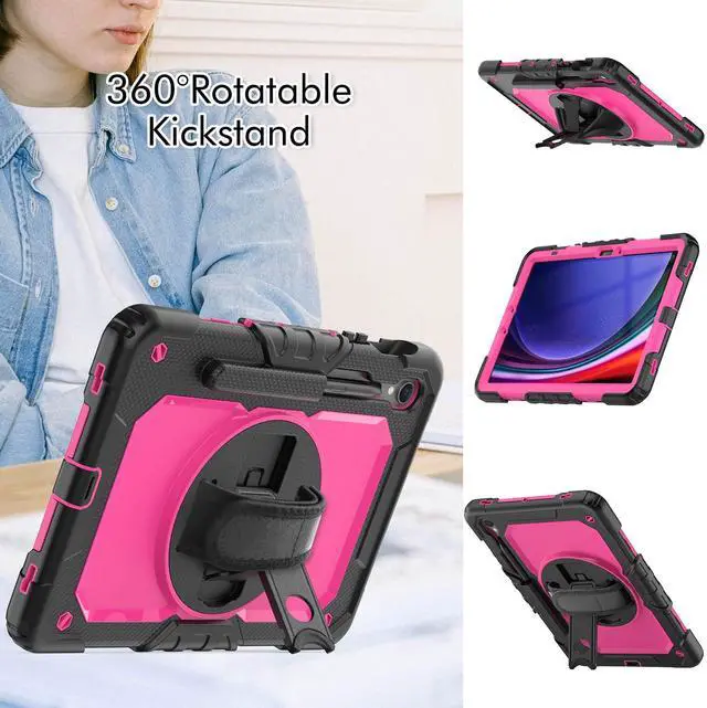 Alt view image 4 of 7 - Heavy Duty Shockproof Protective Case with Screen Protector, 360° Rotatable Kickstand & Hand/Shoulder Strap for Samsung Galaxy Tab S10 Lite / S10 FE / S9 FE 10.9 Inch / Tab S9 11 Inch,RosePC