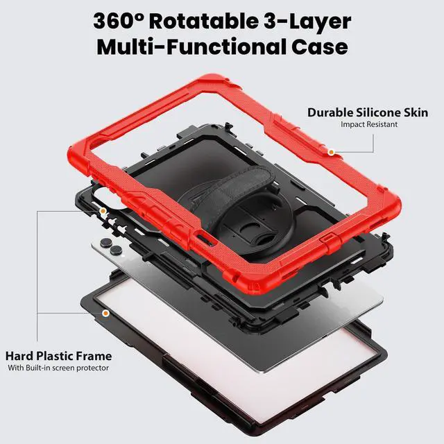 Alt view image 3 of 7 - Heavy Duty Shockproof Case with 360° Rotatable Stand, Hand & Shoulder Strap for Samsung Galaxy Tab S11 Ultra 14.6" 2025 (SM-X930/SM-X936B), Red