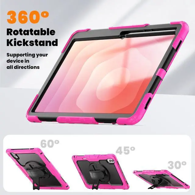 Alt view image 6 of 7 - Heavy Duty Shockproof Case with 360° Rotatable Stand, Hand & Shoulder Strap for Samsung Galaxy Tab S11 Ultra 14.6" 2025 (SM-X930/SM-X936B),Rose
