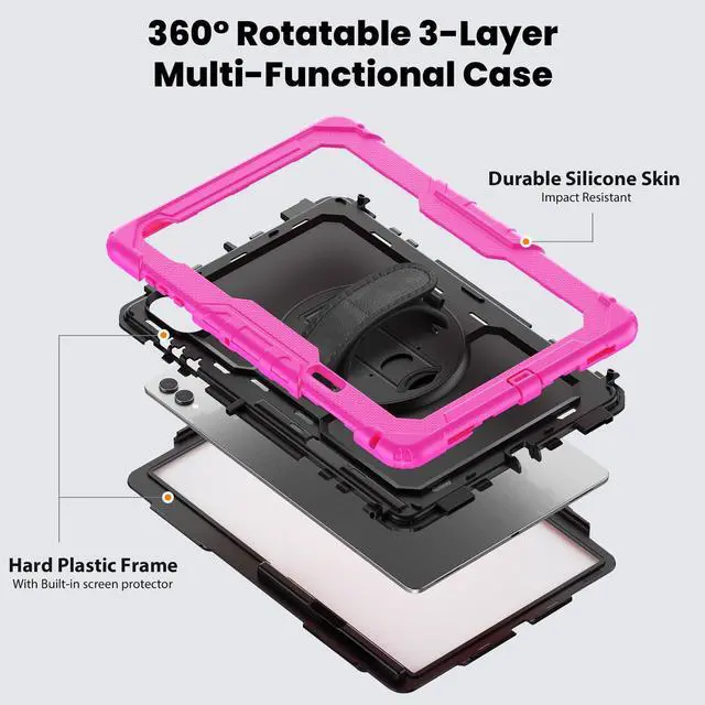 Alt view image 3 of 7 - Heavy Duty Shockproof Case with 360° Rotatable Stand, Hand & Shoulder Strap for Samsung Galaxy Tab S11 Ultra 14.6" 2025 (SM-X930/SM-X936B),Rose