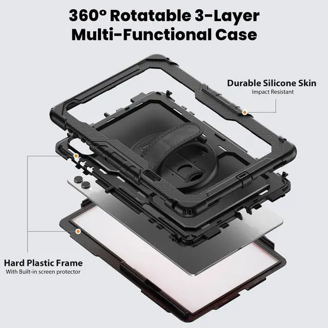 Alt view image 3 of 7 - Heavy Duty Shockproof Case with 360° Rotatable Stand, Hand & Shoulder Strap for Samsung Galaxy Tab S11 Ultra 14.6" 2025 (SM-X930/SM-X936B),Black