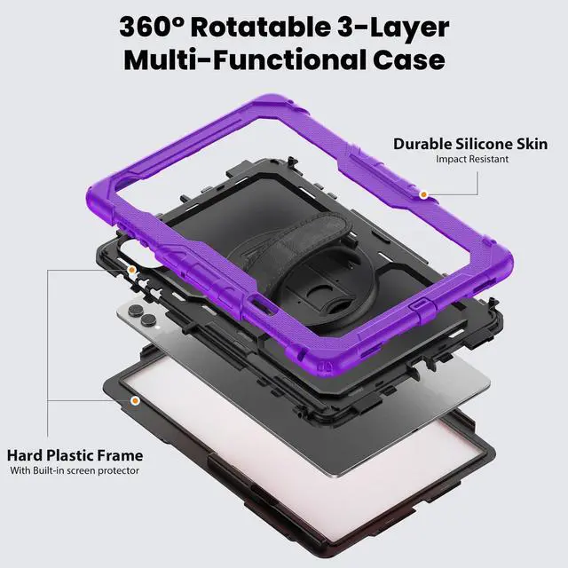 Alt view image 3 of 7 - Heavy Duty Shockproof Case with 360° Rotatable Stand, Hand & Shoulder Strap for Samsung Galaxy Tab S11 Ultra 14.6" 2025 (SM-X930/SM-X936B),Purple