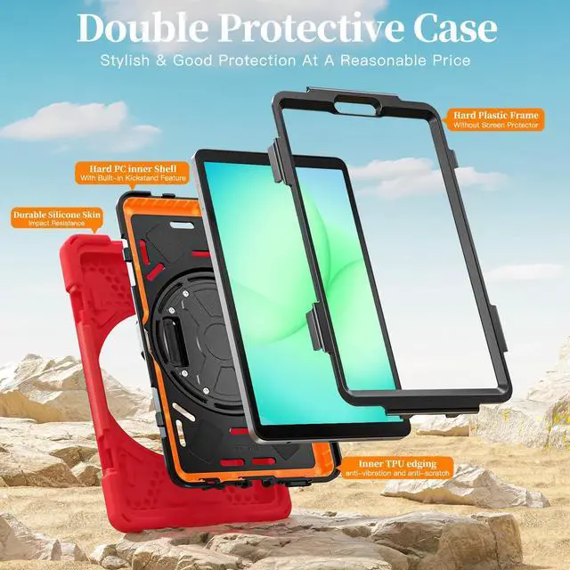 Alt view image 3 of 7 - Shockproof Kids Case with Pencil Holder, 360° Rotatable Stand, Hand & Shoulder Strap for Samsung Galaxy Tab A11 8.7" (2025) / Tab A9 8.7" (2023), Red
