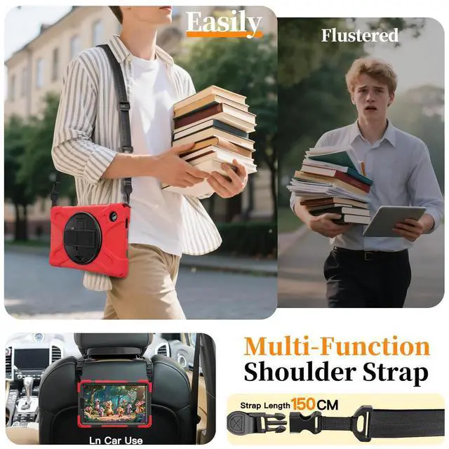 Alt view image 4 of 7 - Shockproof Kids Case with Pencil Holder, 360° Rotatable Stand, Hand & Shoulder Strap for Samsung Galaxy Tab A11 8.7" (2025) / Tab A9 8.7" (2023), Red