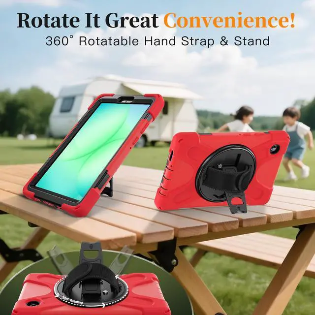 Alt view image 6 of 7 - Shockproof Kids Case with Pencil Holder, 360° Rotatable Stand, Hand & Shoulder Strap for Samsung Galaxy Tab A11 8.7" (2025) / Tab A9 8.7" (2023), Red