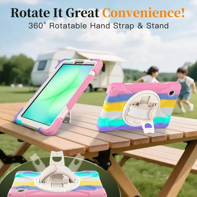 Alt view image 6 of 6 - Shockproof Kids Case with Pencil Holder, 360° Rotatable Stand, Hand & Shoulder Strap for Samsung Galaxy Tab A11 8.7" (2025) / Tab A9 8.7" (2023), Colorful Pink