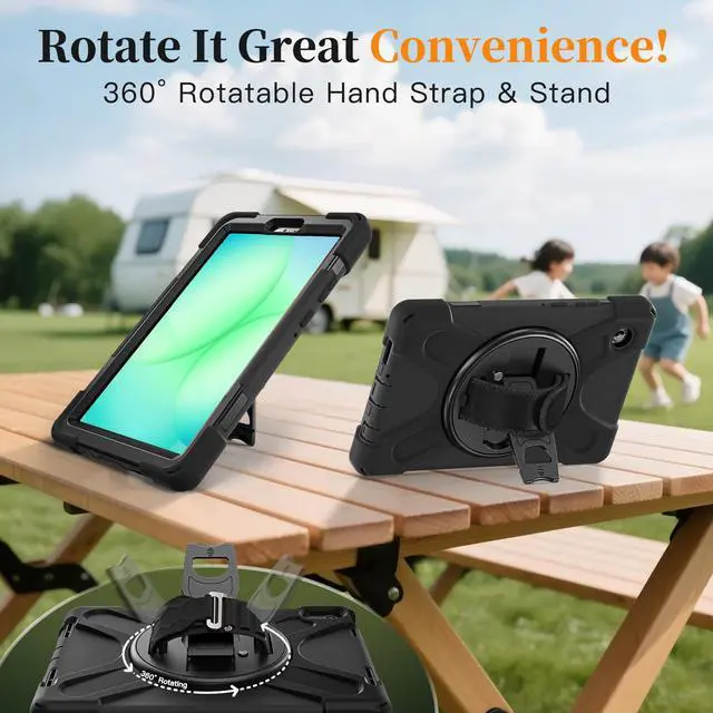 Alt view image 6 of 7 - Shockproof Kids Case with Pencil Holder, 360° Rotatable Stand, Hand & Shoulder Strap for Samsung Galaxy Tab A11 8.7" (2025) / Tab A9 8.7" (2023), Black