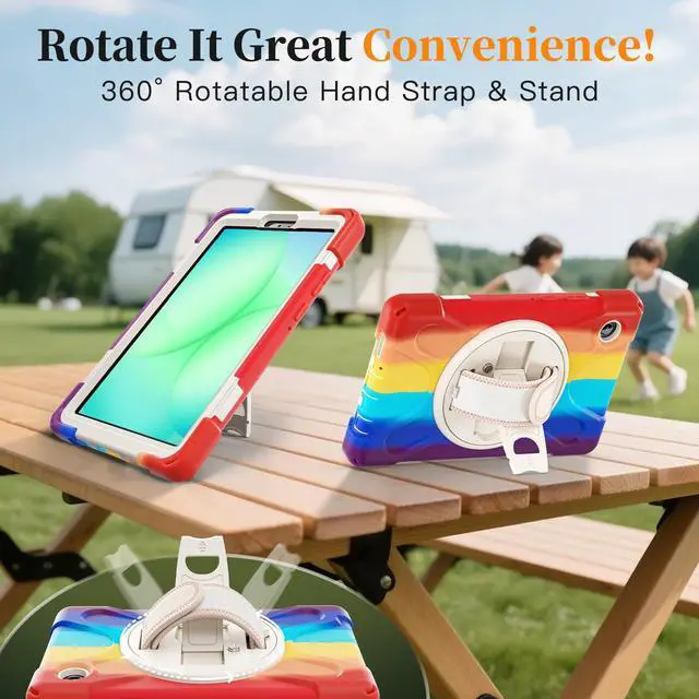 Alt view image 6 of 7 - Shockproof Kids Case with Pencil Holder, 360° Rotatable Stand, Hand & Shoulder Strap for Samsung Galaxy Tab A11 8.7" (2025) / Tab A9 8.7" (2023), Colorful red
