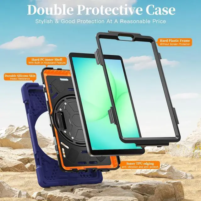 Alt view image 3 of 7 - Shockproof Kids Case with Pencil Holder, 360° Rotatable Stand, Hand & Shoulder Strap for Samsung Galaxy Tab A11 8.7" (2025) / Tab A9 8.7" (2023), Navy Blue