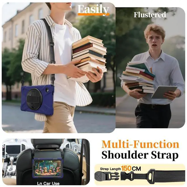 Alt view image 4 of 7 - Shockproof Kids Case with Pencil Holder, 360° Rotatable Stand, Hand & Shoulder Strap for Samsung Galaxy Tab A11 8.7" (2025) / Tab A9 8.7" (2023), Navy Blue