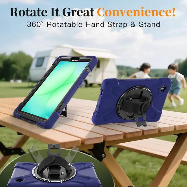 Alt view image 6 of 7 - Shockproof Kids Case with Pencil Holder, 360° Rotatable Stand, Hand & Shoulder Strap for Samsung Galaxy Tab A11 8.7" (2025) / Tab A9 8.7" (2023), Navy Blue