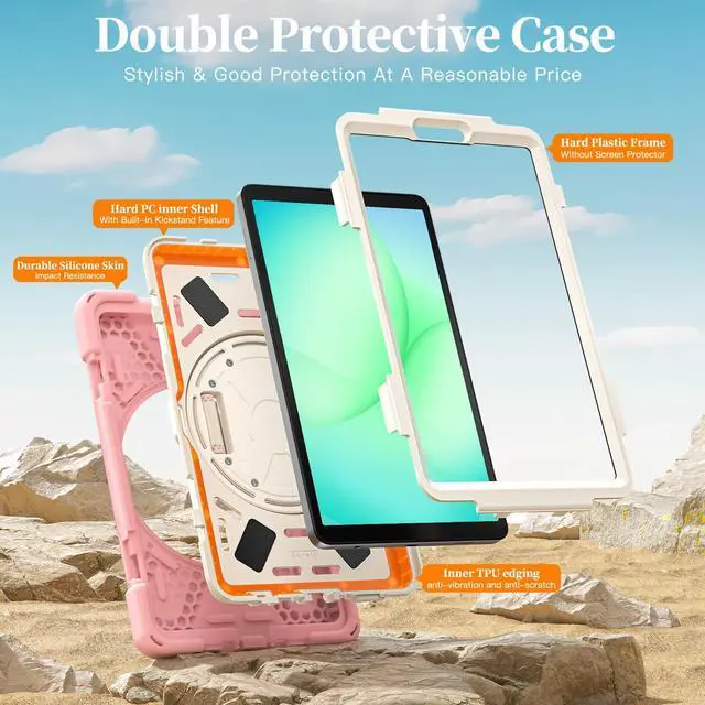 Alt view image 3 of 7 - Shockproof Kids Case with Pencil Holder, 360° Rotatable Stand, Hand & Shoulder Strap for Samsung Galaxy Tab A11 8.7" (2025) / Tab A9 8.7" (2023), Pink
