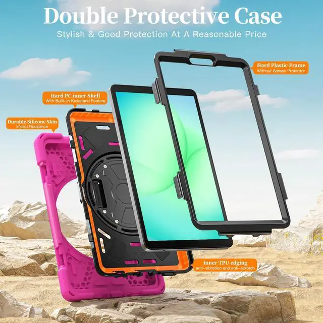 Alt view image 3 of 7 - Shockproof Kids Case with Pencil Holder, 360° Rotatable Stand, Hand & Shoulder Strap for Samsung Galaxy Tab A11 8.7" (2025) / Tab A9 8.7" (2023), Rose Red